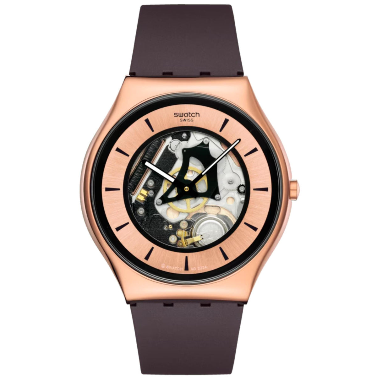 Copper-tone case skeleton dial silicone strap watch with black bezel and pink dial ring