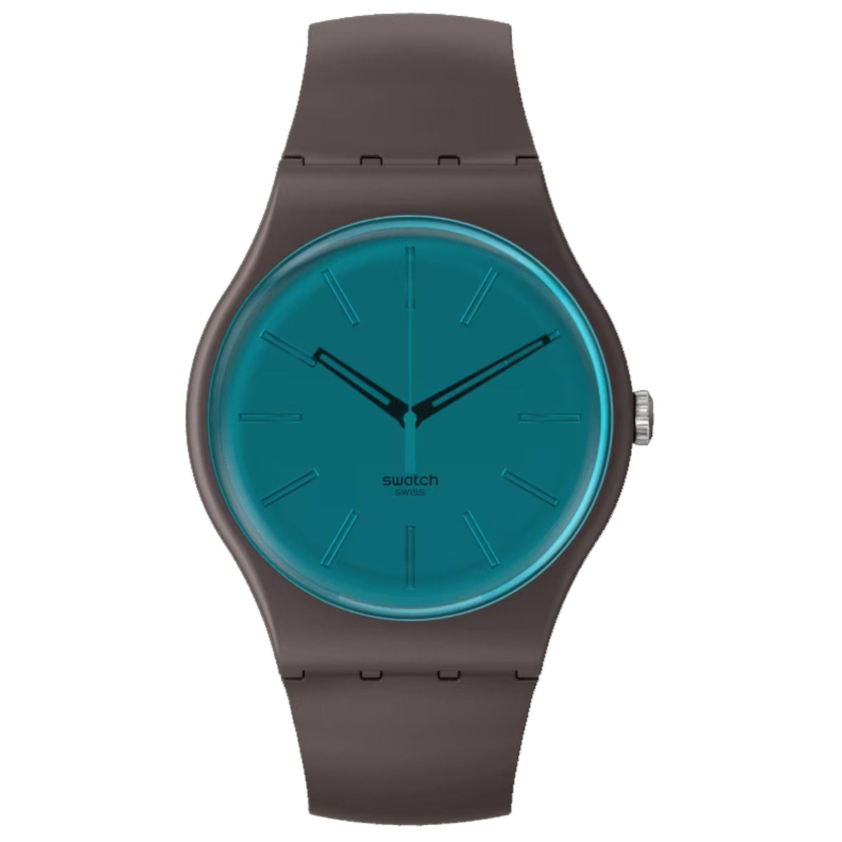 Round analog wristwatch with teal dial and dark brown silicone strap, buckle clasp.