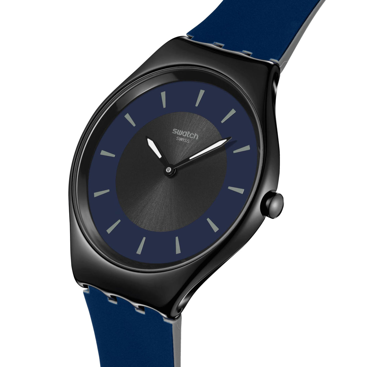 Swatch blue silicone watch with black case, dark blue dial, baton hour markers