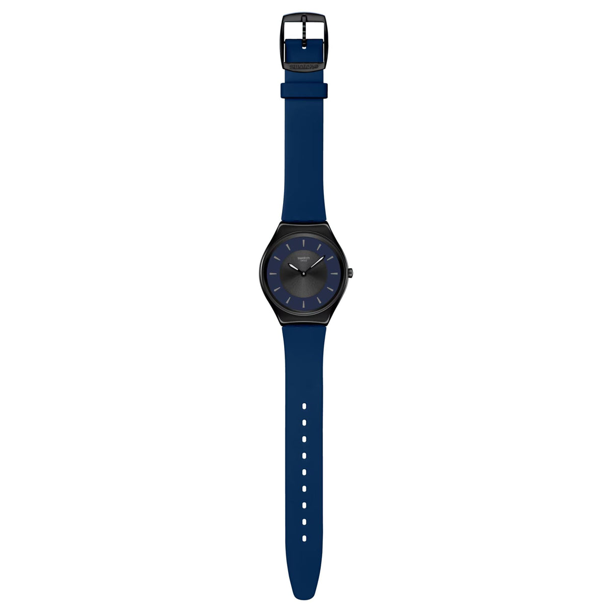Swatch watch with blue silicone strap and round dark dial on black bezel