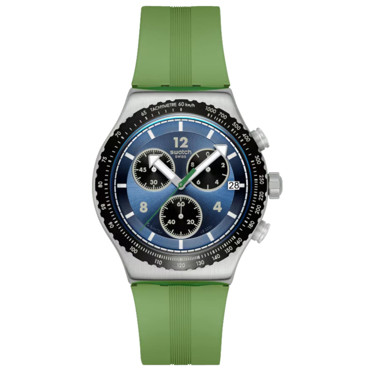 Swatch silicone watch with blue dial, green strap, silver case, chronograph subdials