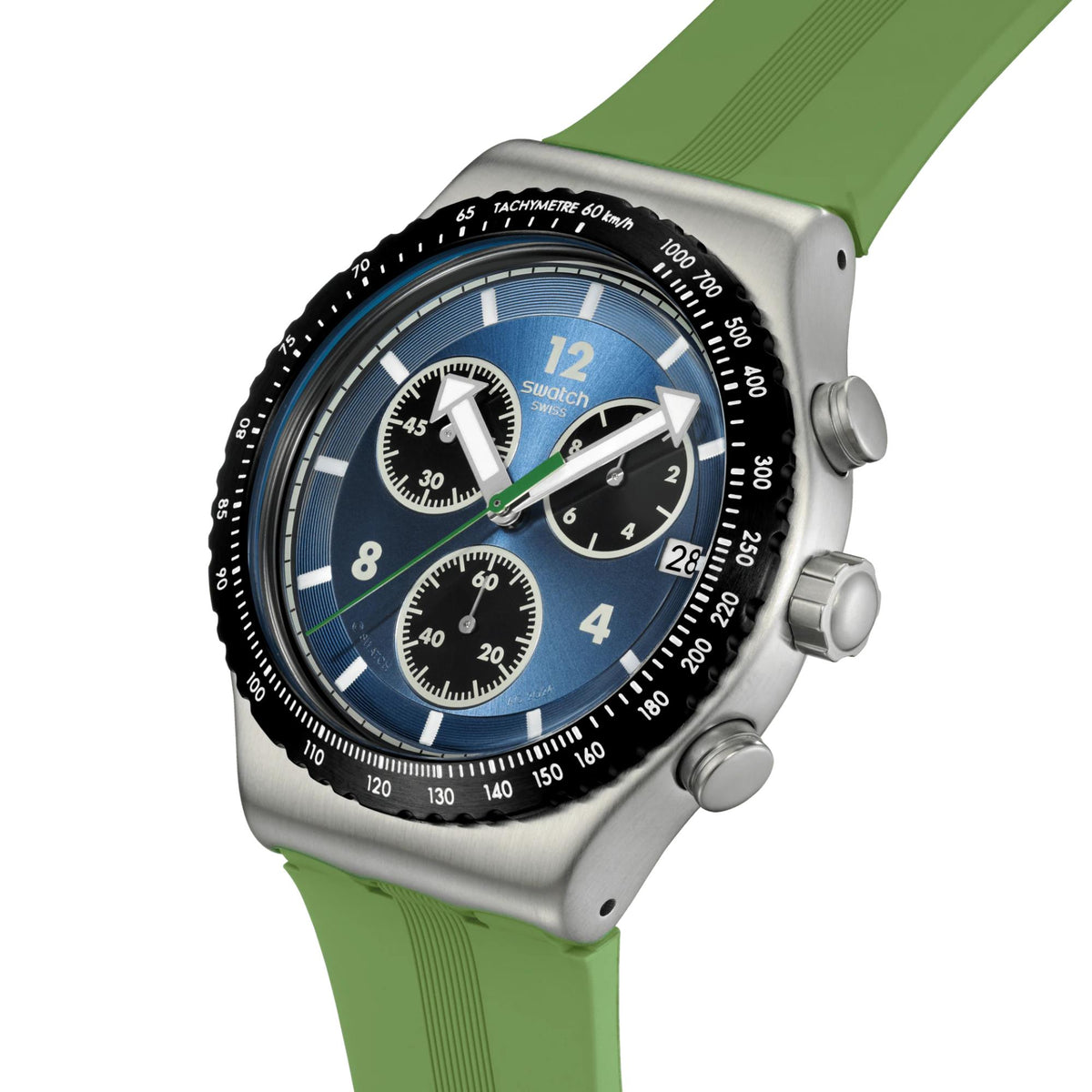 Swatch silicone watch close-up, blue dial with chronograph subdials and green strap