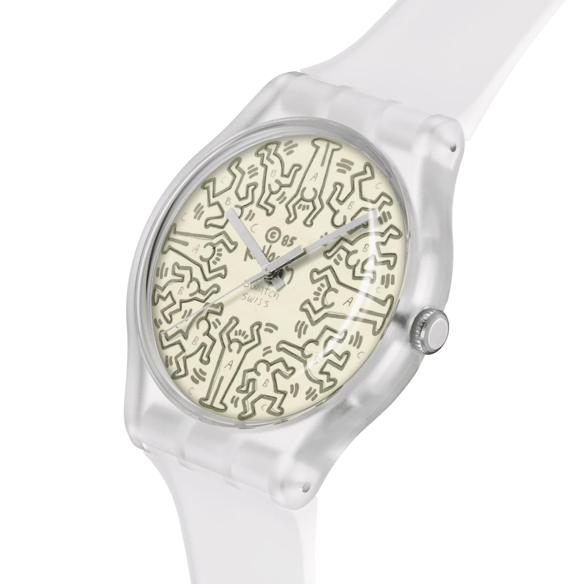 Swatch side view watch with patterned beige dial and white silicone strap