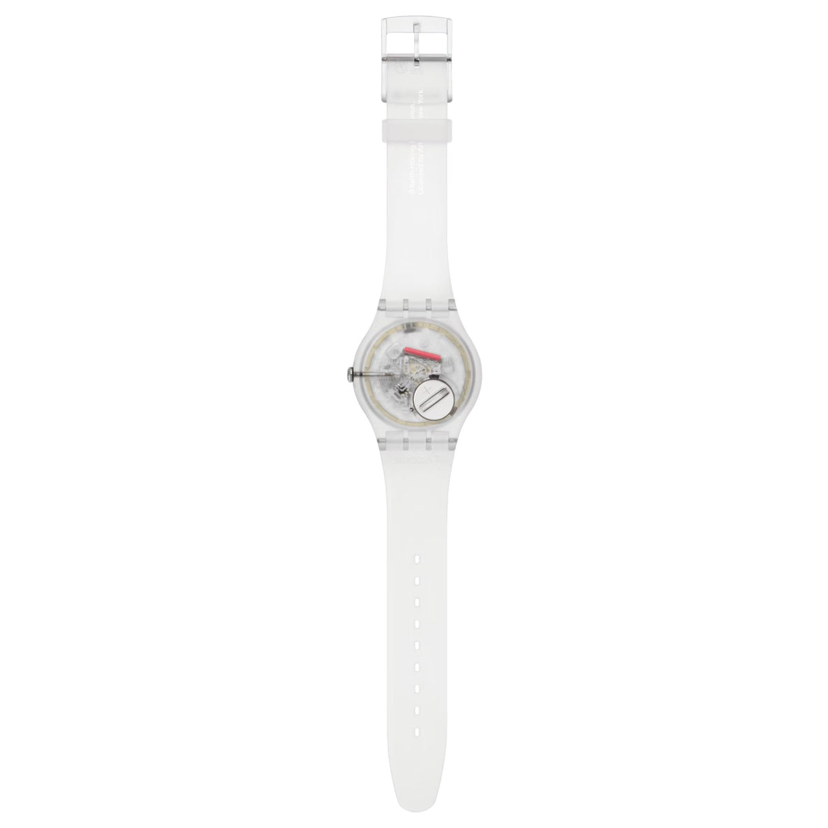 Swatch watch with white silicone strap and beige patterned dial, underside view
