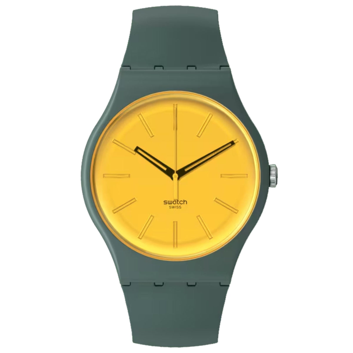 Swatch analog watch with yellow sunburst dial and dark green silicone strap
