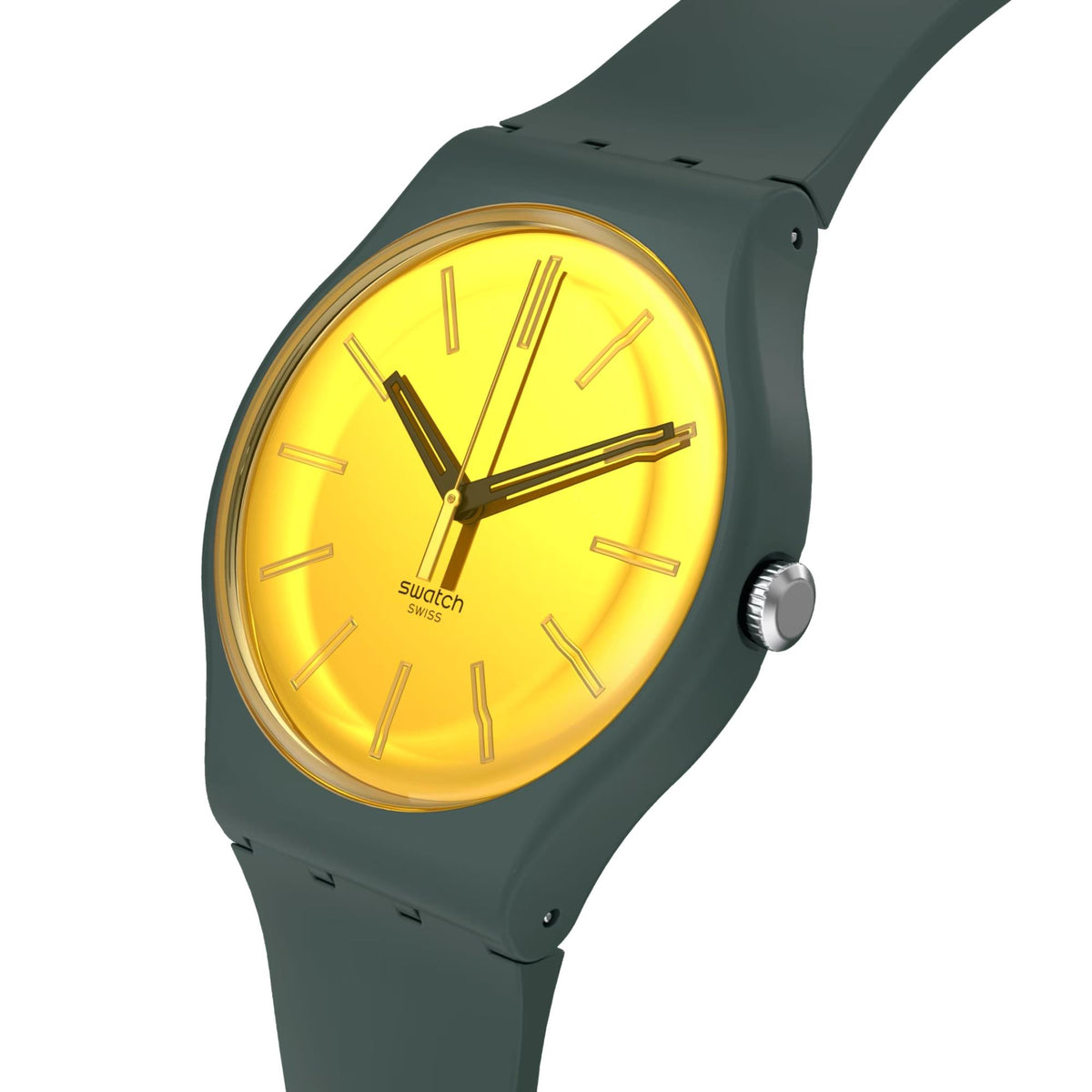 Swatch analog watch close-up: yellow dial, dark green case and silicone band