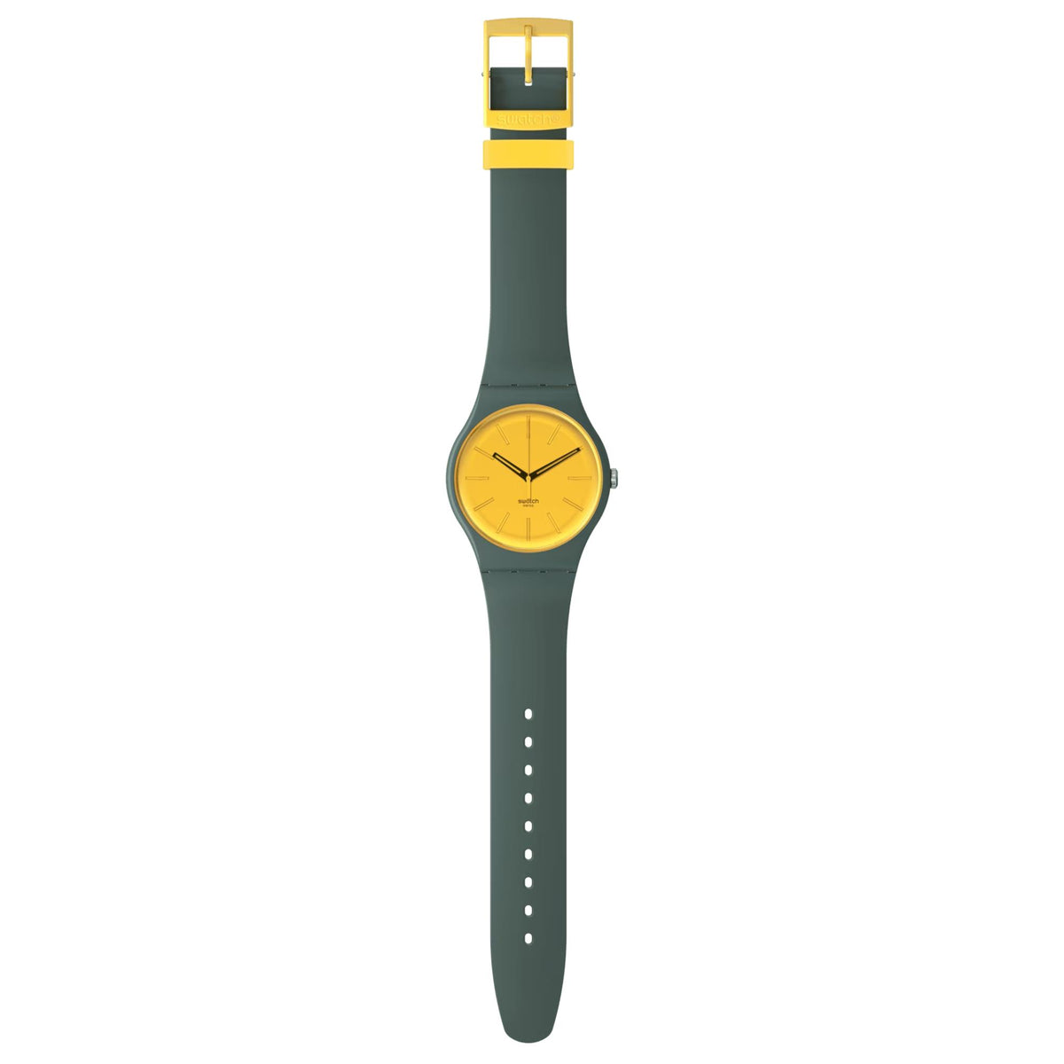 Swatch analog watch with yellow dial and dark green silicone strap, side view