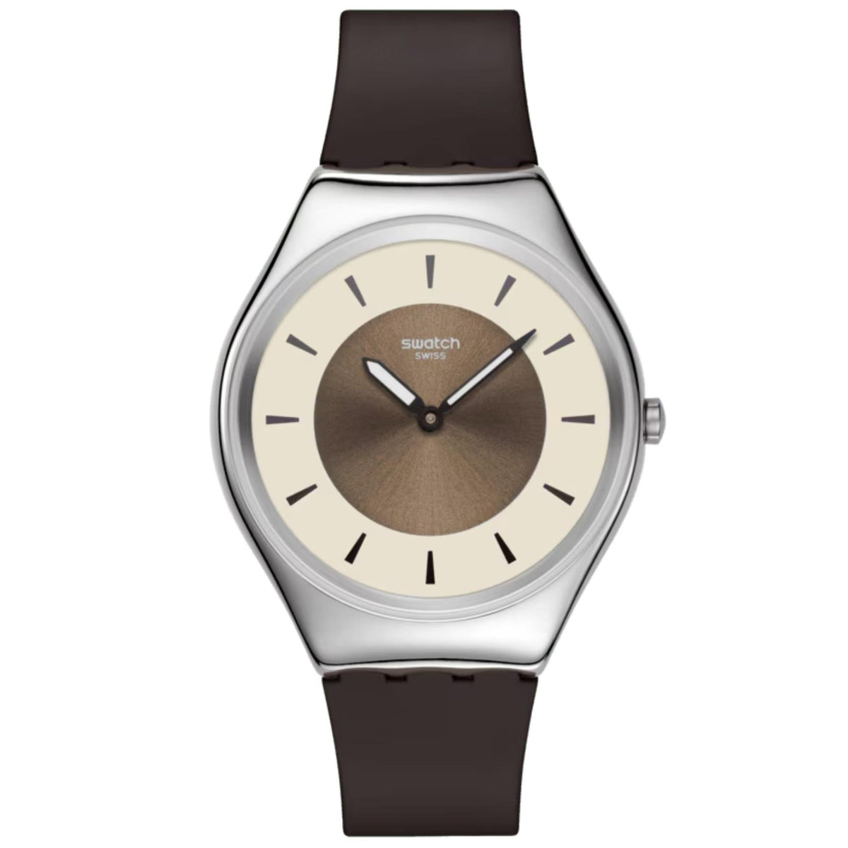 Swatch silicone watch with dark brown strap and bronze dial, silver-tone case and hands