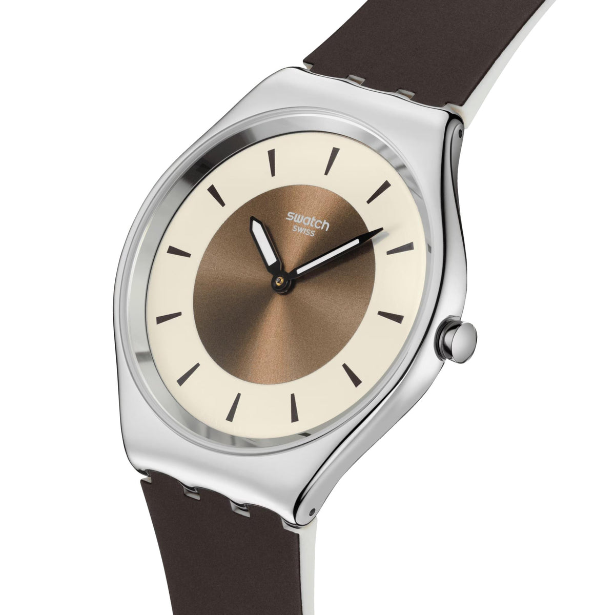 Swatch close-up: bronze dial with black indices and Swatch logo, dark brown silicone strap