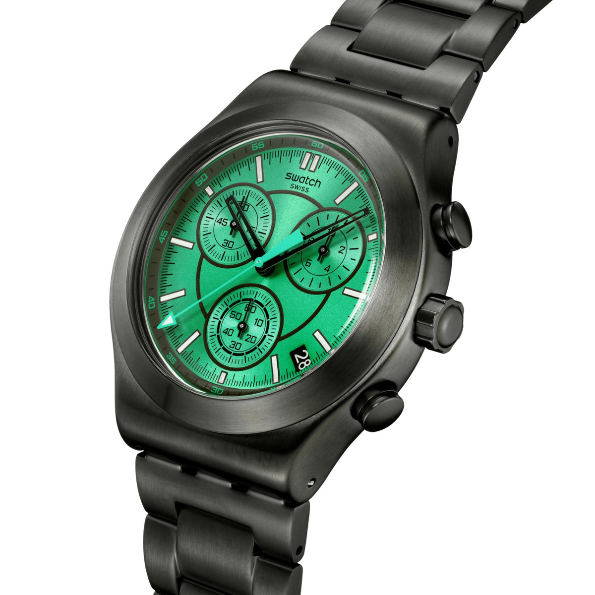 Swatch green dial wristwatch with dark steel case and multi-subdial chronograph design