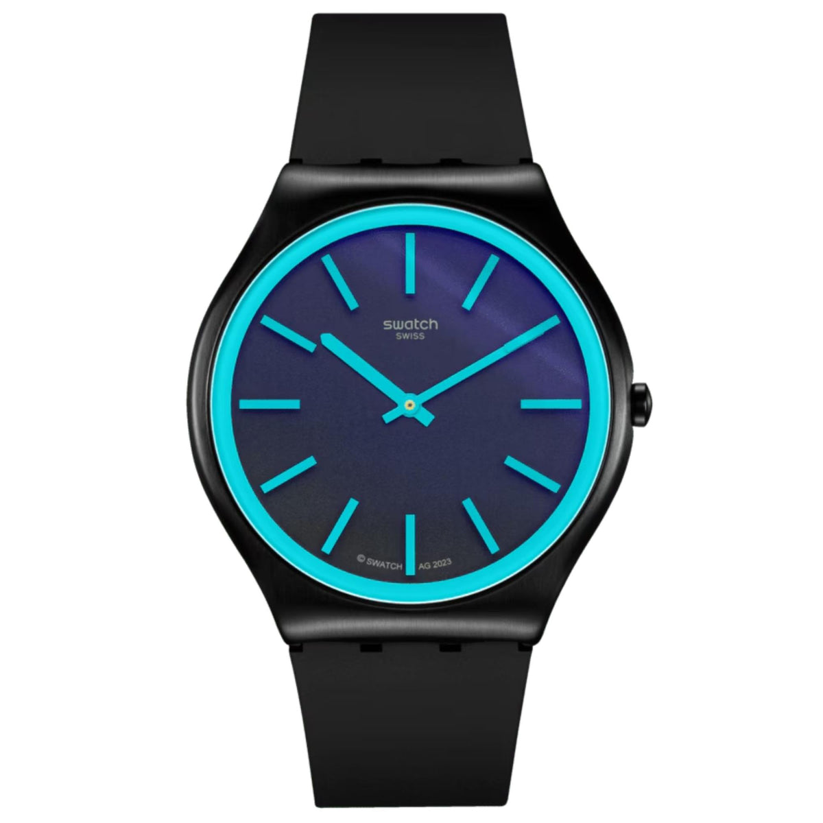 Men’s black silicone strap watch with blue dial and turquoise hour markers