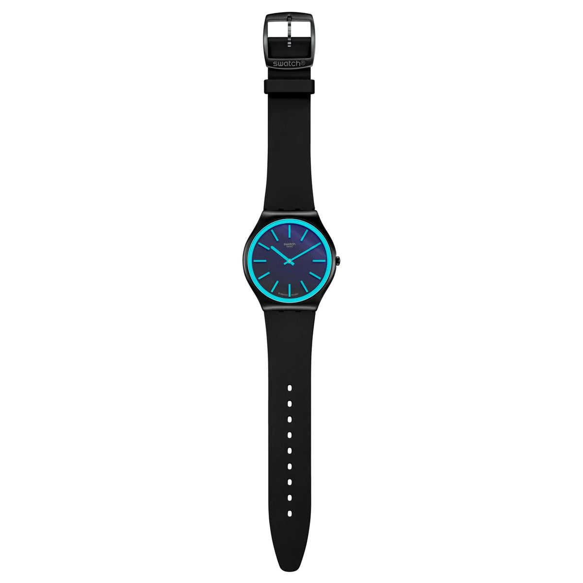 Black silicone strap watch with blue dial and turquoise accents, front view