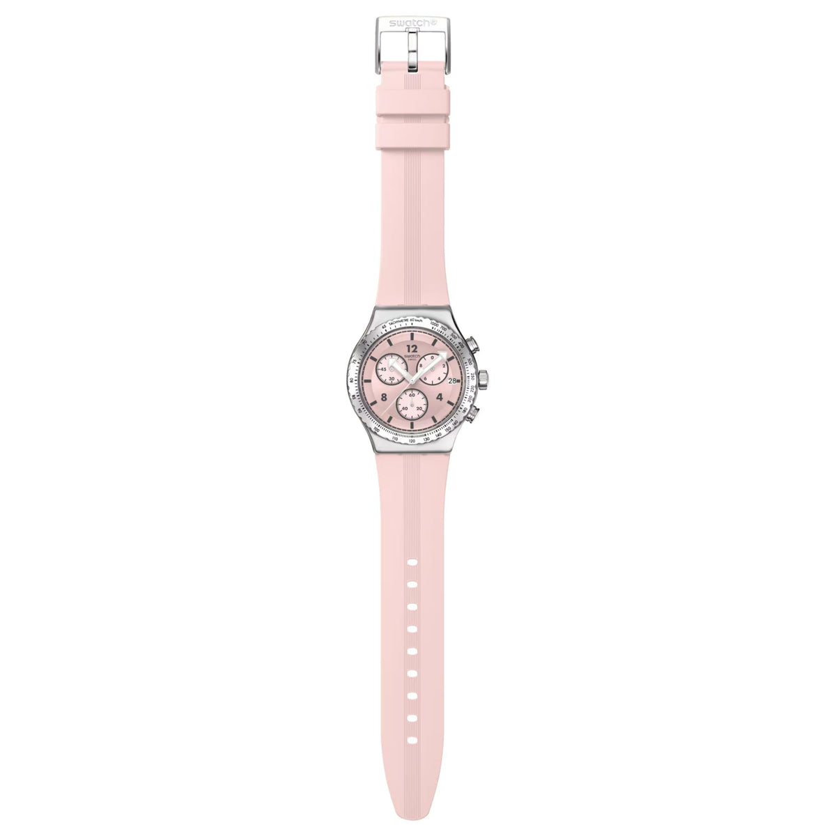 Pink silicone strap watch with round silver case and multi-dial pink face