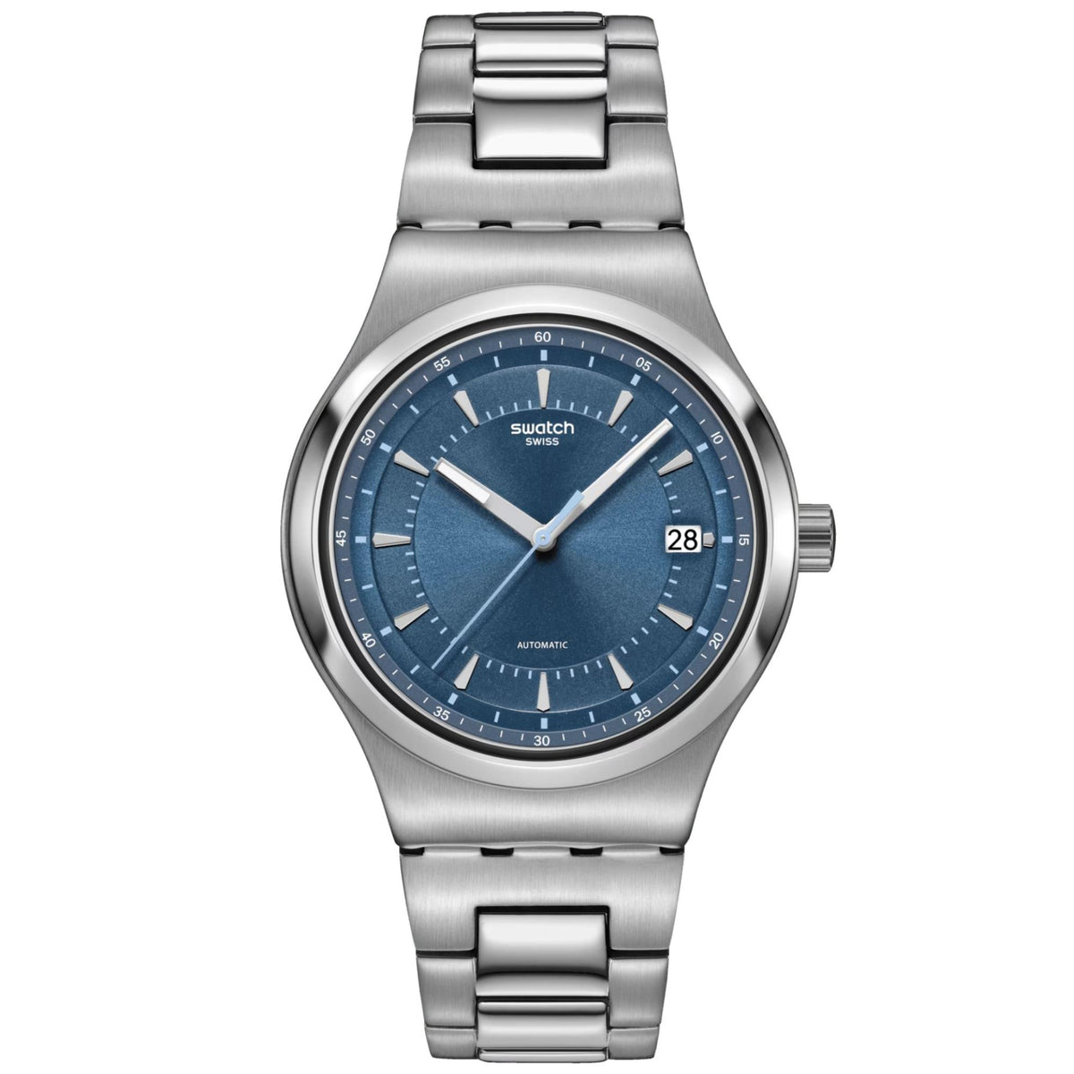Stainless steel wristwatch with blue dial, linked bracelet, and date window at 28.