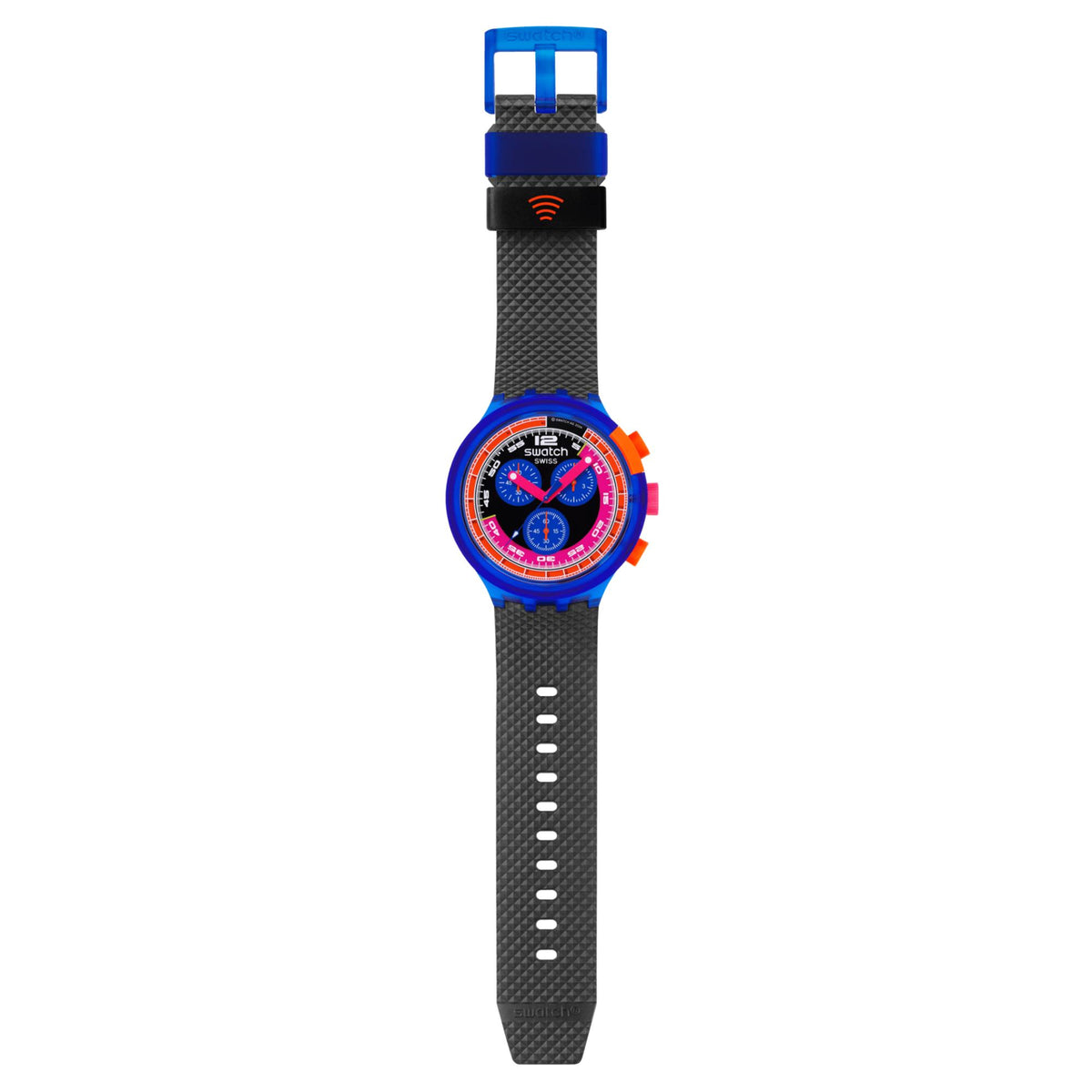 Neon wristwatch with black textured strap, blue buckle, round blue case, orange crown