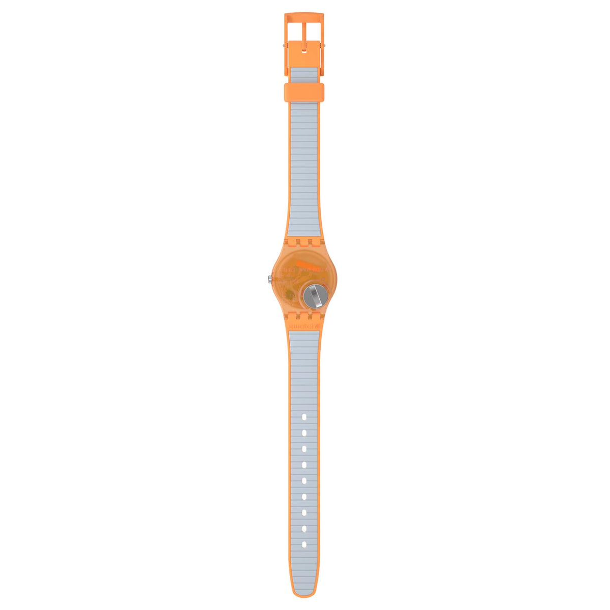 Swatch orange silicone wristwatch with light blue dial, strap extended downward