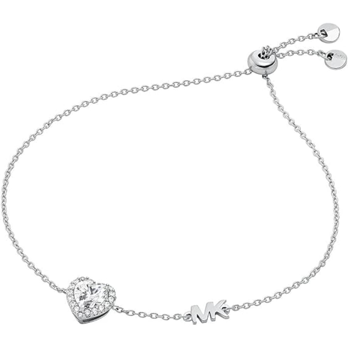Michael Kors sterling silver heart slider bracelet with pavé heart and MK charm