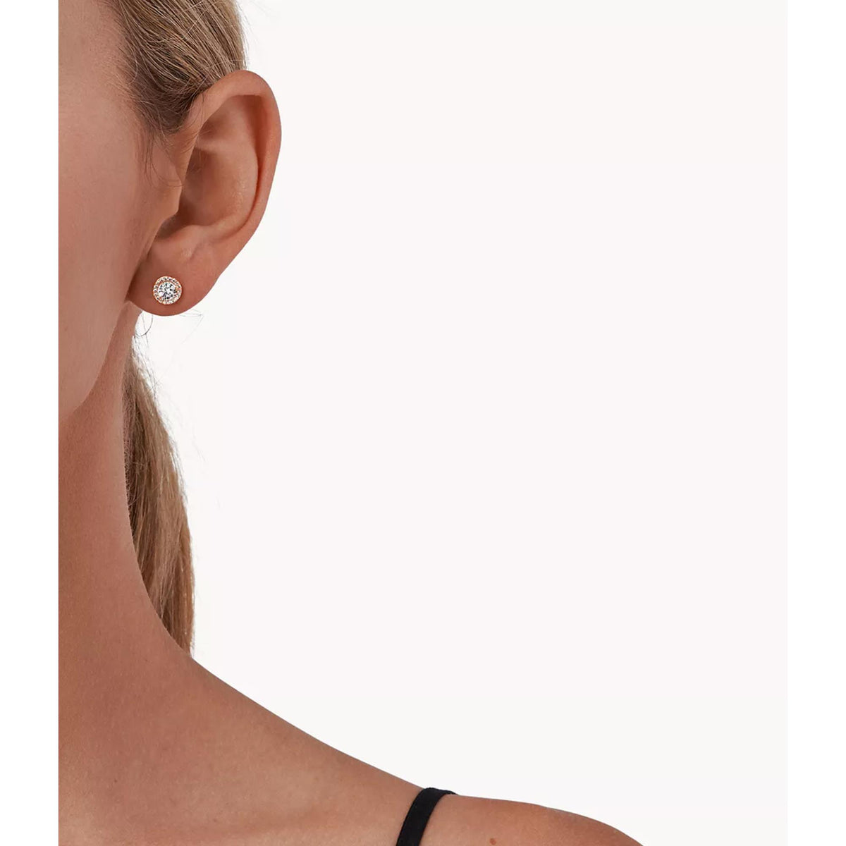 Rose gold halo CZ stud earrings on ear with a round center stone.