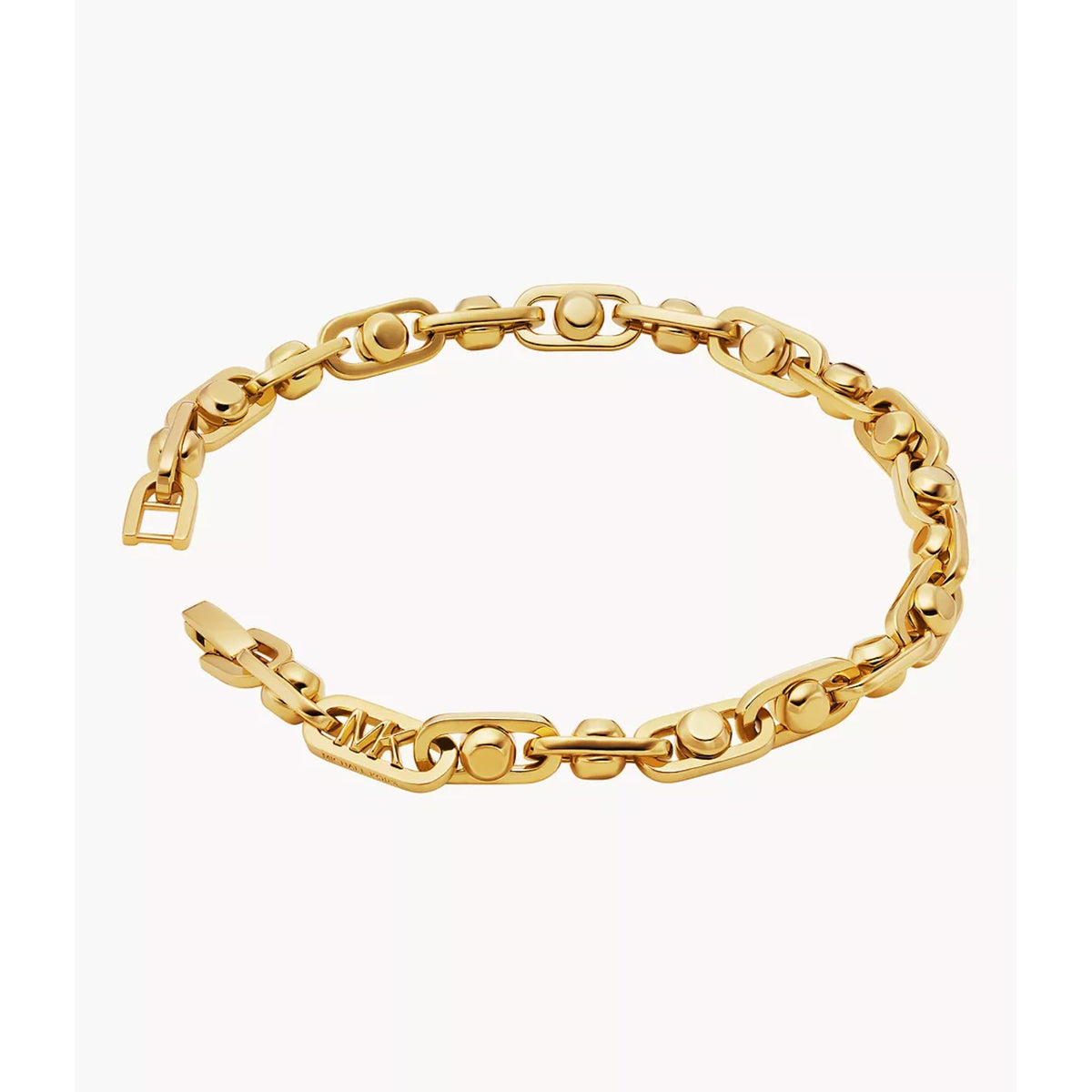 14K gold link chain bracelet with engraved logo bar and secure clasp