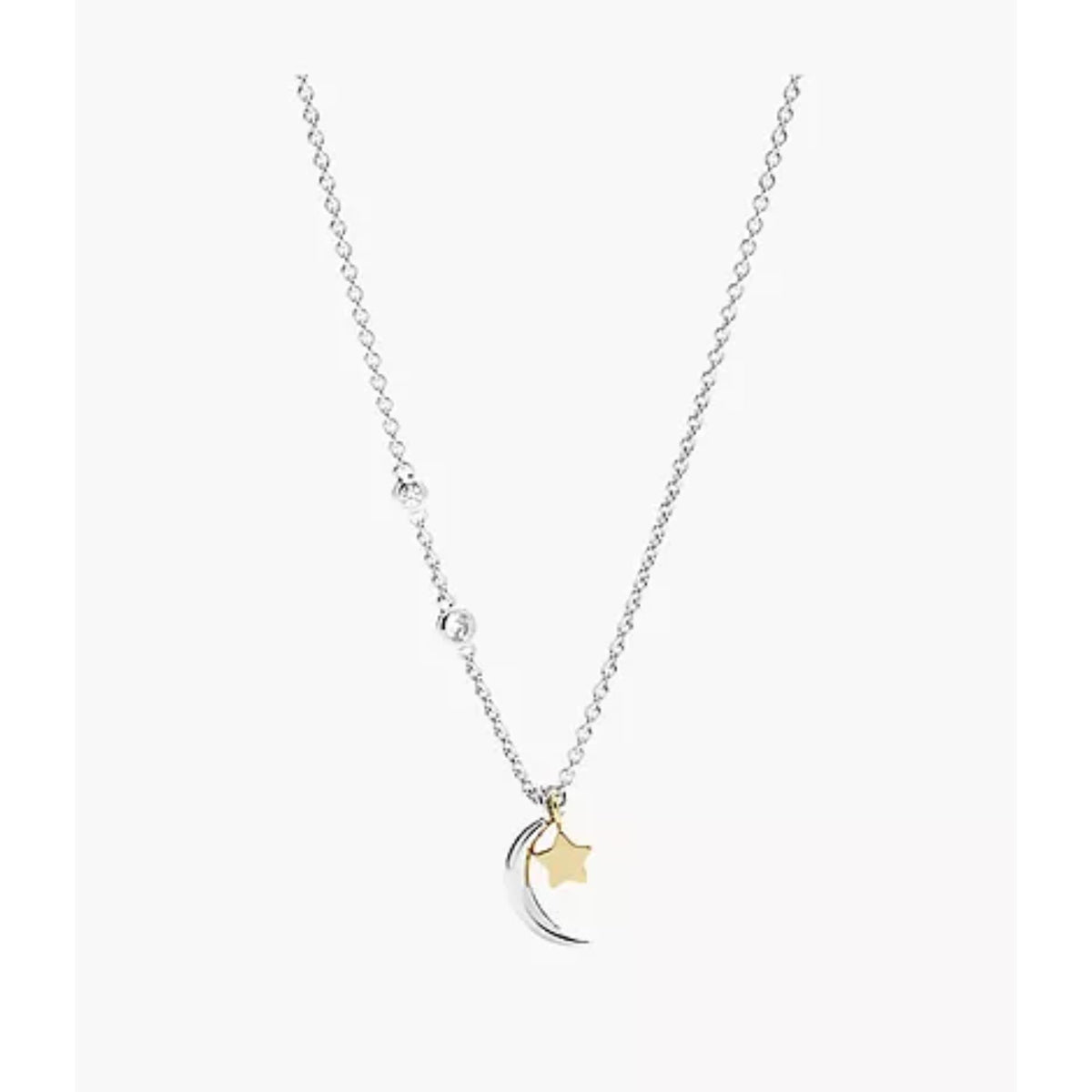 Sterling silver pendant necklace with crescent moon and star charm on a thin chain
