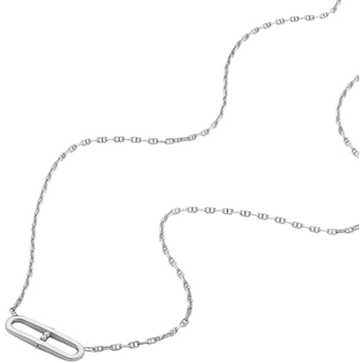 Sterling silver chain necklace with elongated oval pendant set with a central crystal