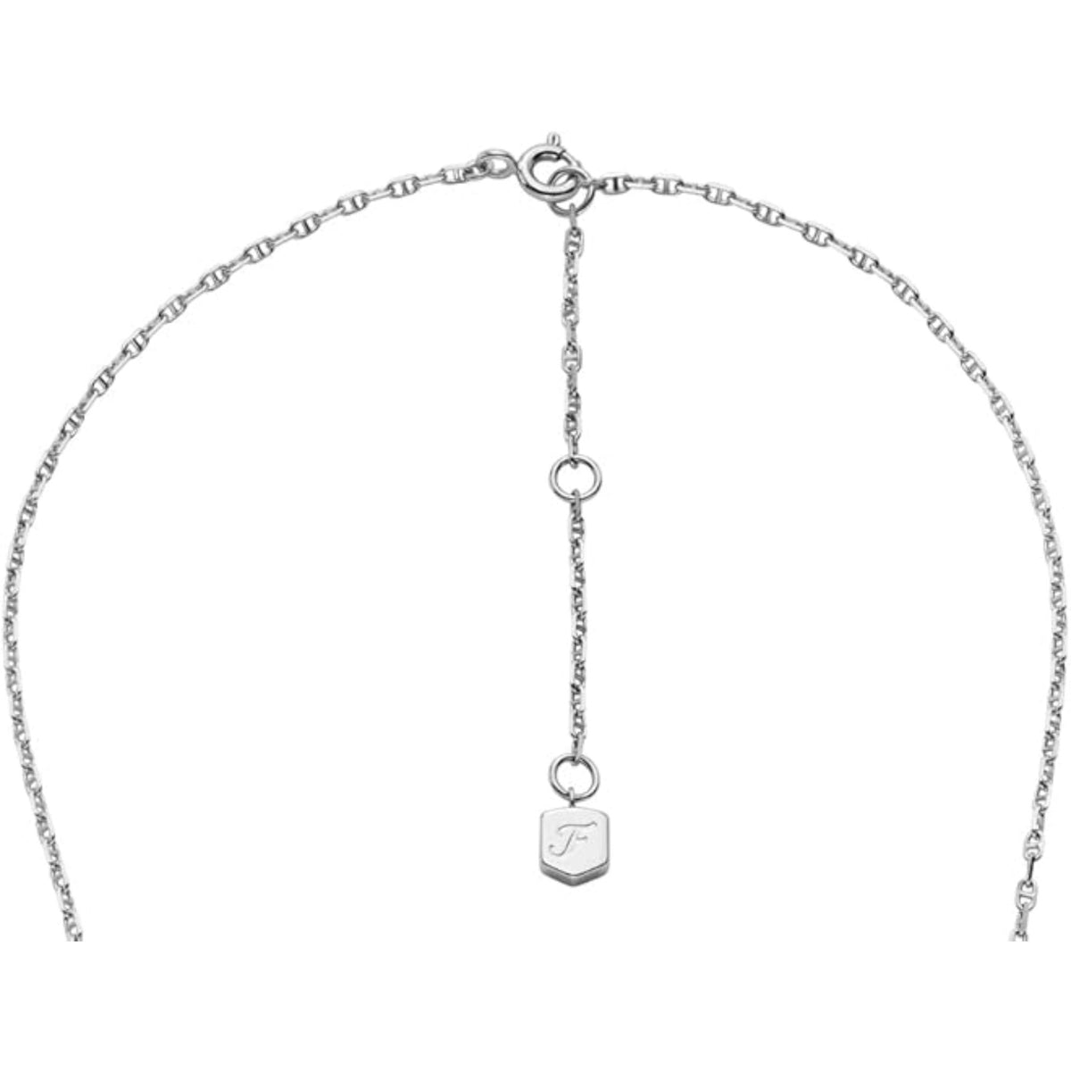 Sterling silver necklace with logo tag charm on the adjustable chain extender