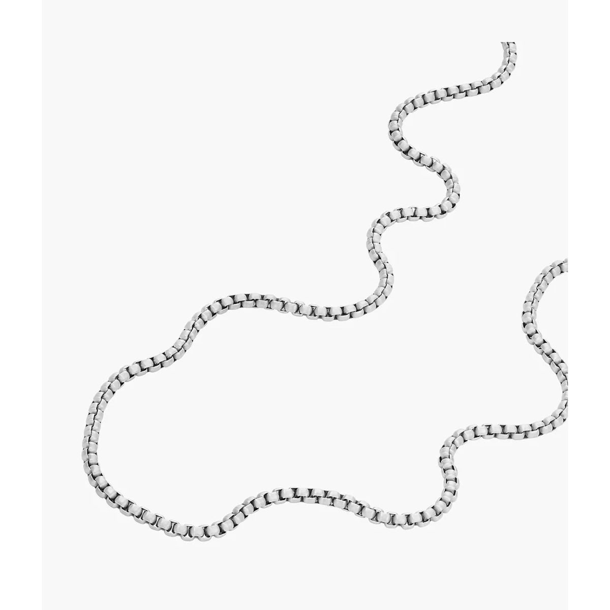 Stainless steel chain necklace close-up, textured link pattern and wavy drape