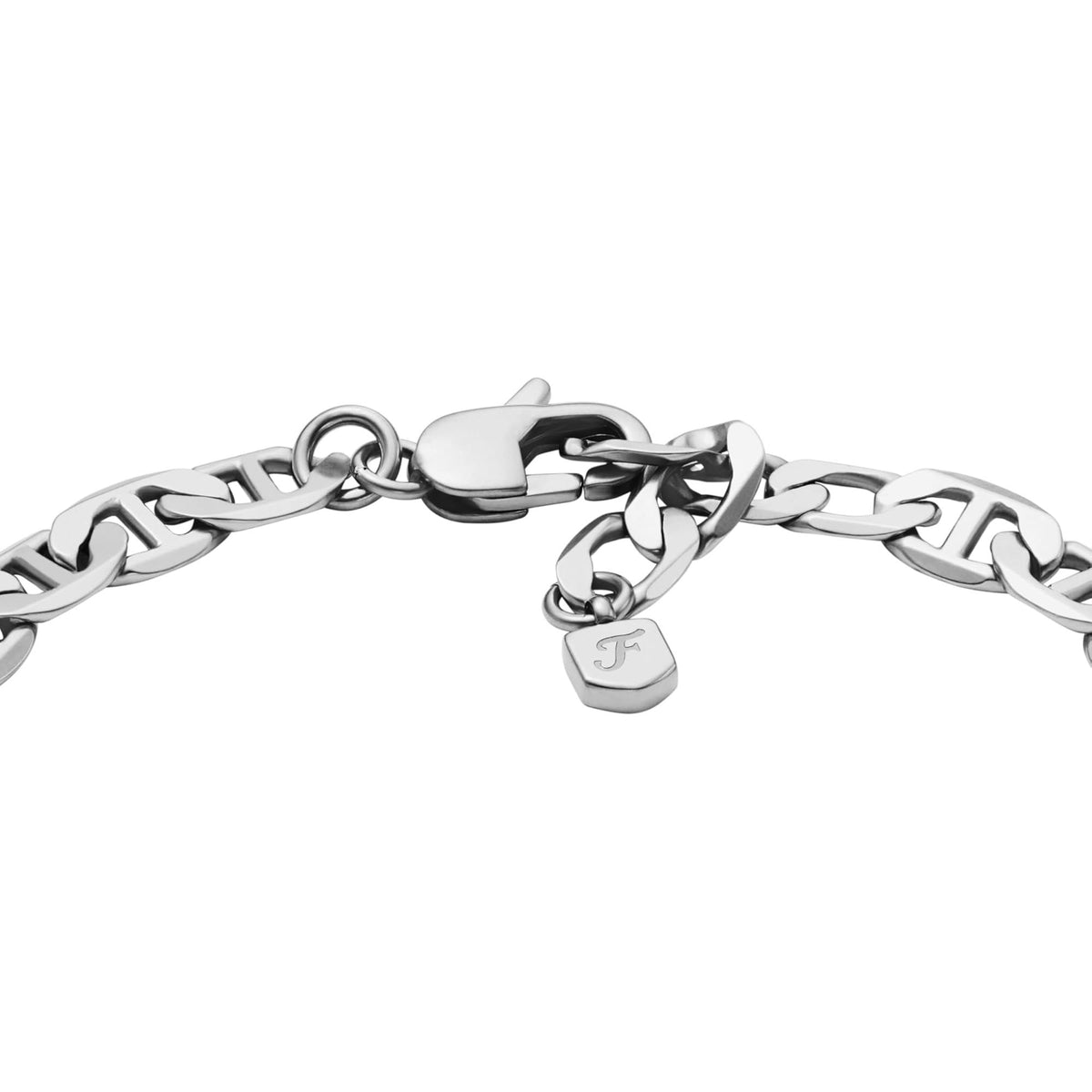 Stainless steel chain bracelet close-up with toggle clasp and round charm tag