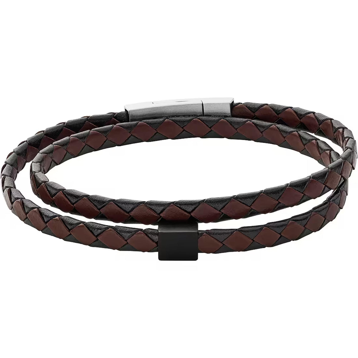 Men's two-tone braided leather bracelet with steel clasp, dark red and black