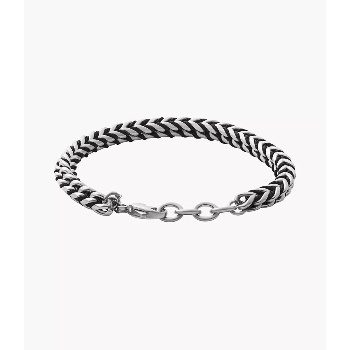 Men's braided bracelet with silver clasp and alternating black-and-silver links