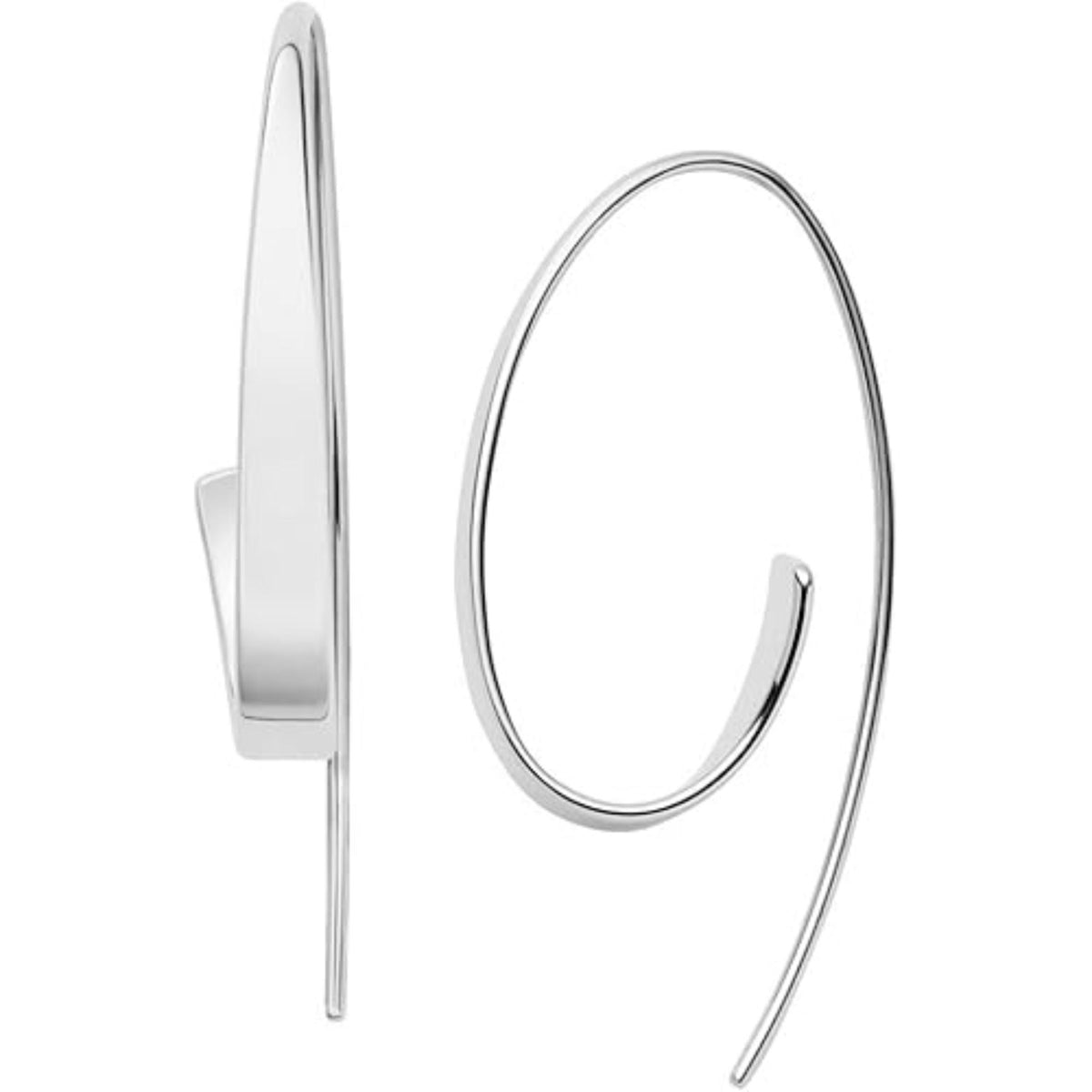 Silver-tone teardrop hoop earrings with curved hollow center and hinged post