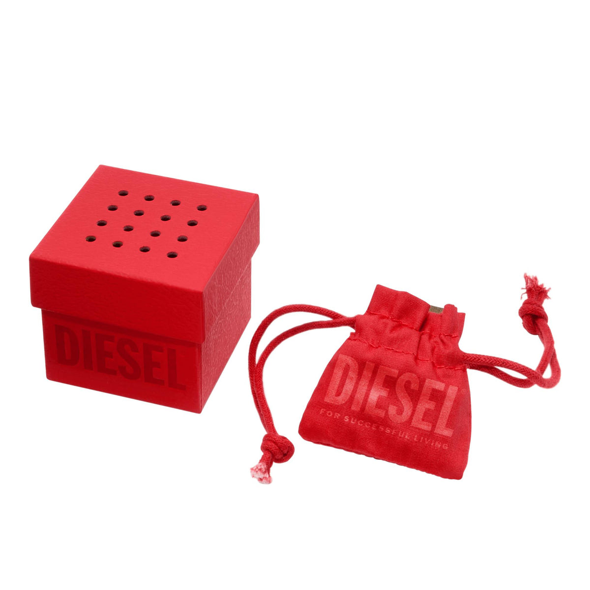 Red Diesel jewelry box and red drawstring pouch with logo