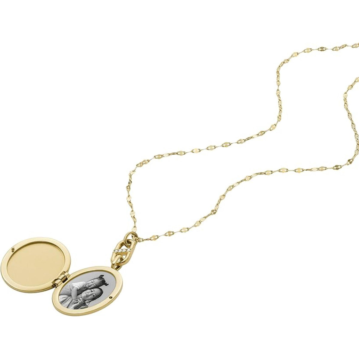 Gold-tone chain necklace with open oval locket, showing cameo-style horse figure