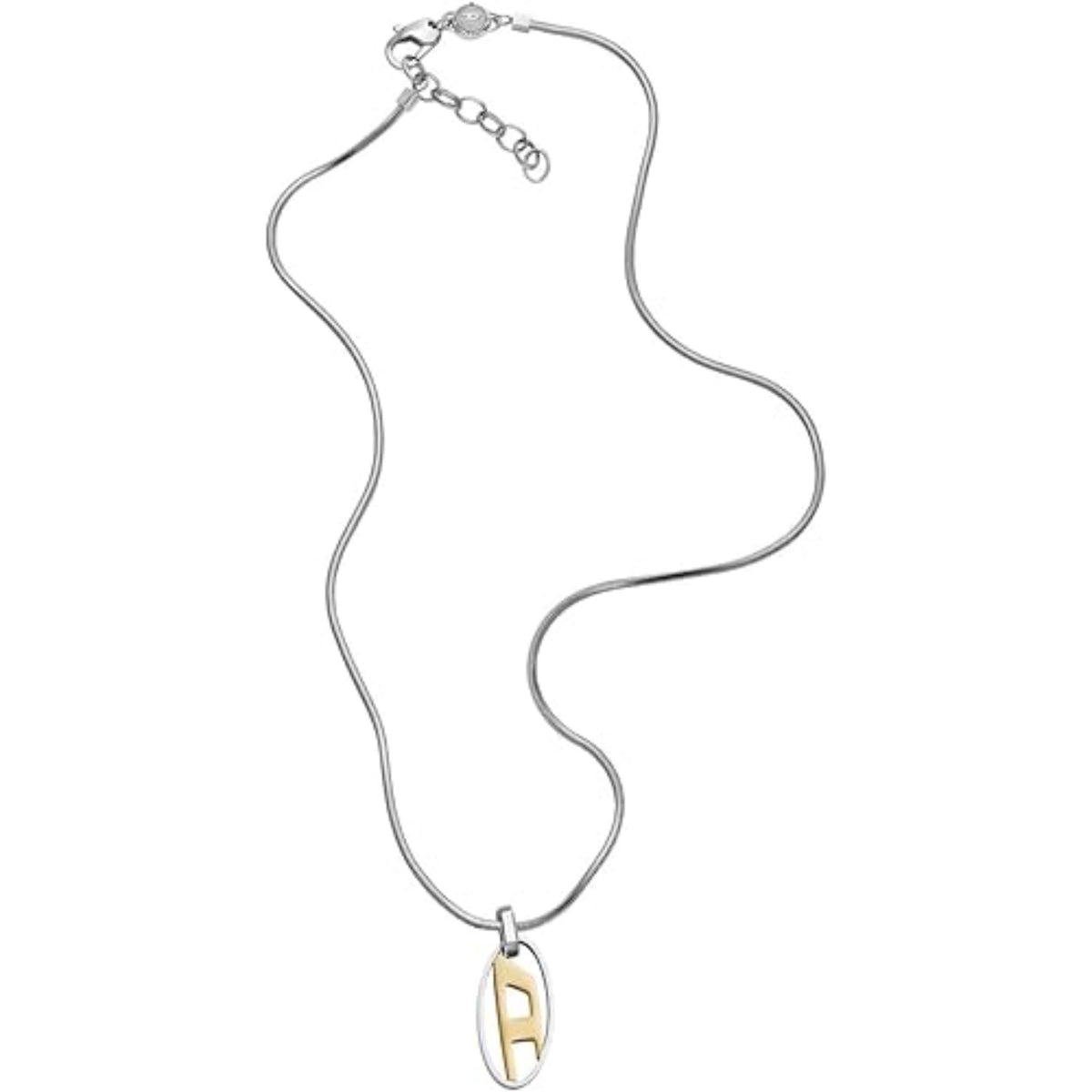 Stainless steel pendant necklace laid flat; oval gold-tone monogram D charm