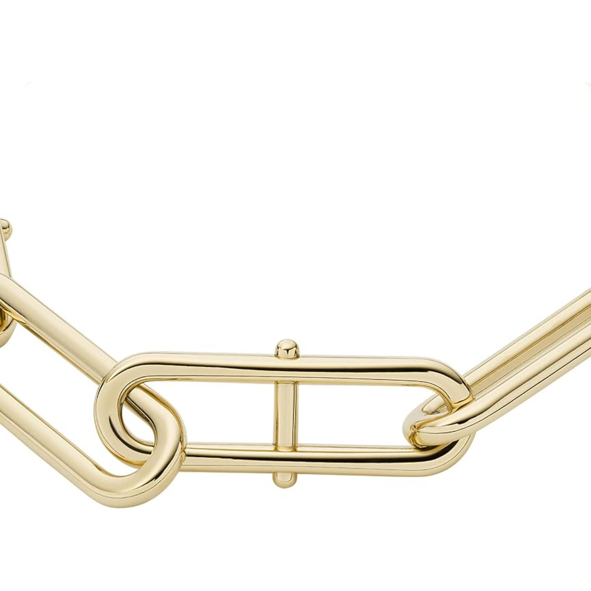 Gold-tone chain bracelet detail with oval and bar links near the clasp area