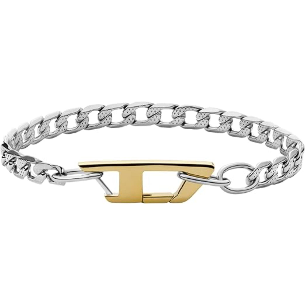 Stainless steel chain bracelet with gold center plate and clasp links, for men