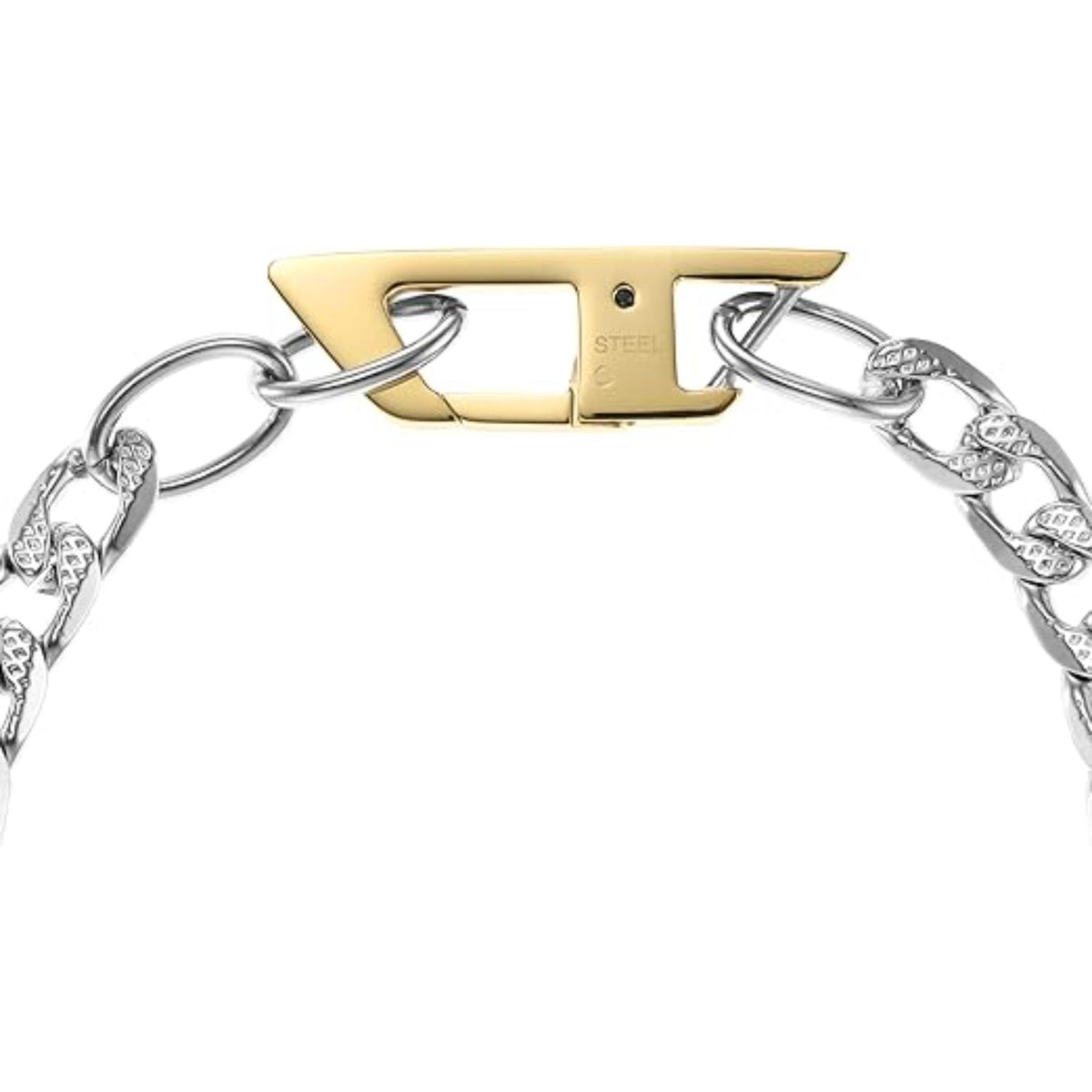 Stainless steel bracelet detail view: gold center bar with circular clasp rings