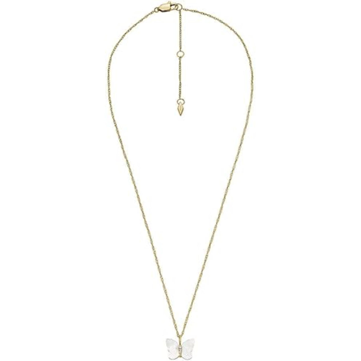 Gold chain butterfly pendant necklace with small white mother-of-pearl wing charm at bottom