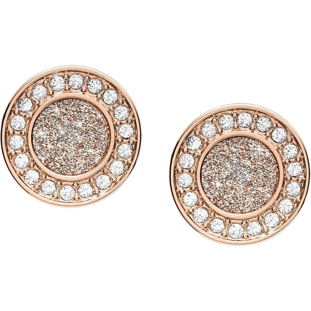 Rose gold round stud earrings with mother-of-pearl mosaic center and crystal halo.