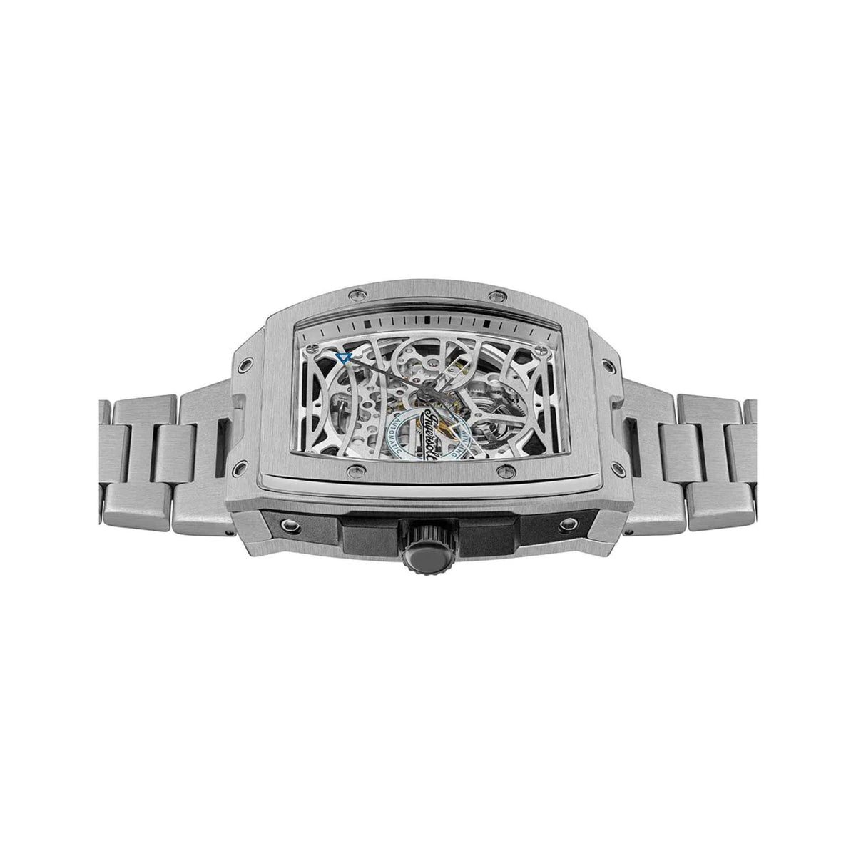 Silver watch with open-work dial viewed from behind on a metal bracelet
