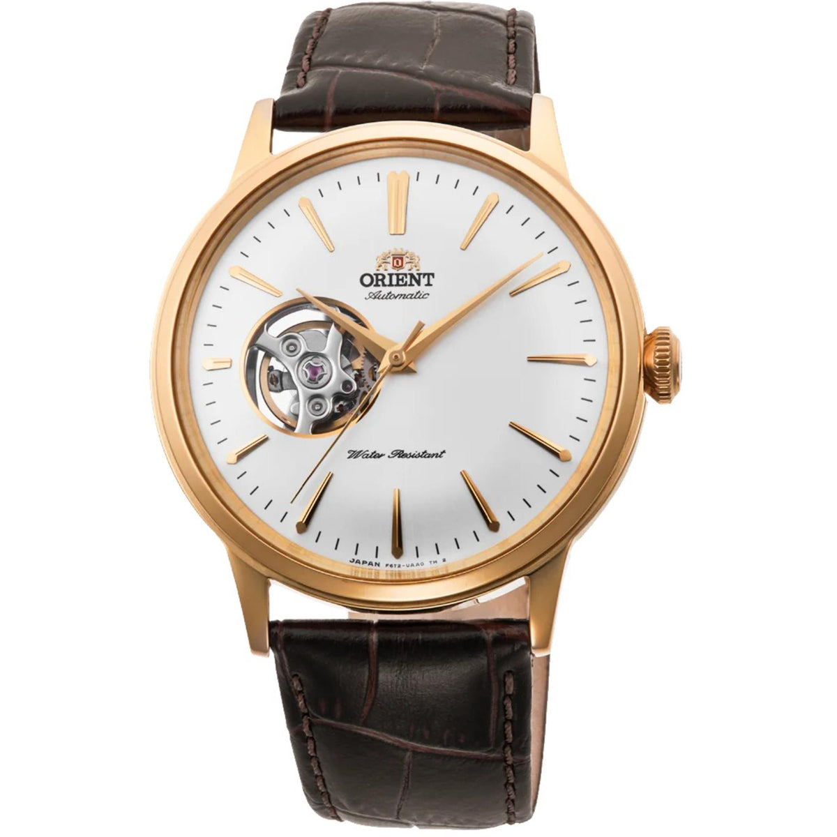 Gold-tone men's automatic watch with open-heart white dial and brown leather strap