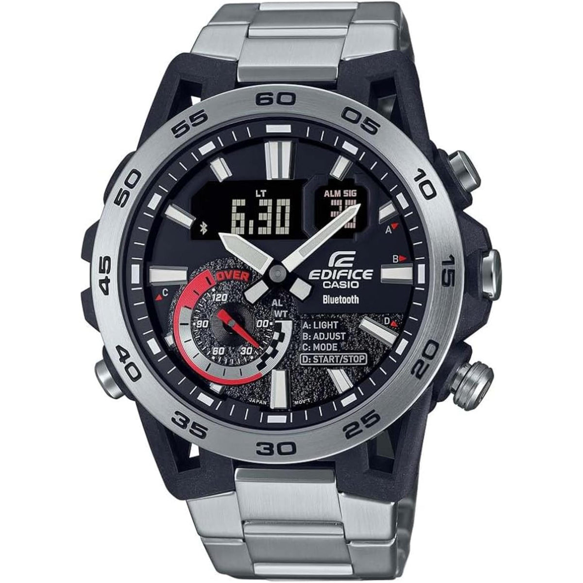 Men's Bluetooth chronograph watch with steel bracelet, black dial, and red-accent subdials