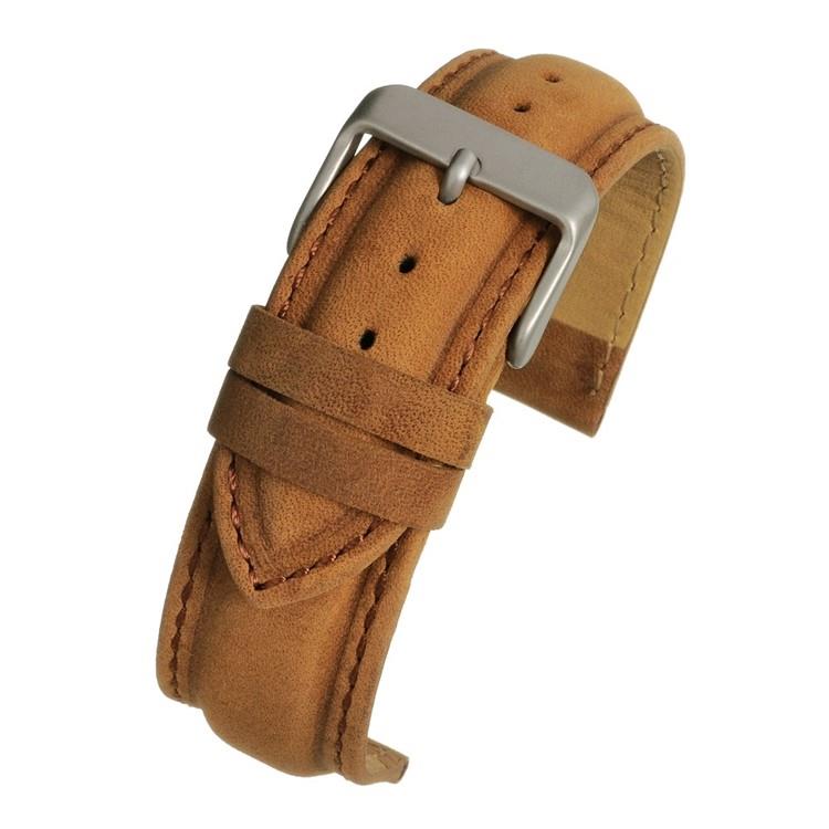 Brown leather watch strap with brushed metal buckle, punched holes, padded stitched end