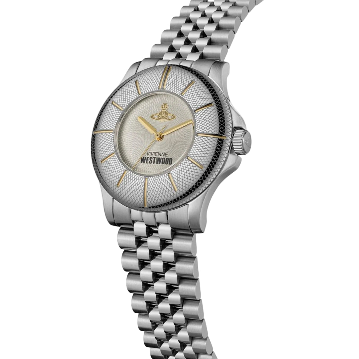 Vivienne Westwood Walbrook VV309CGSL angled view displaying silver dial with link bracelet profile