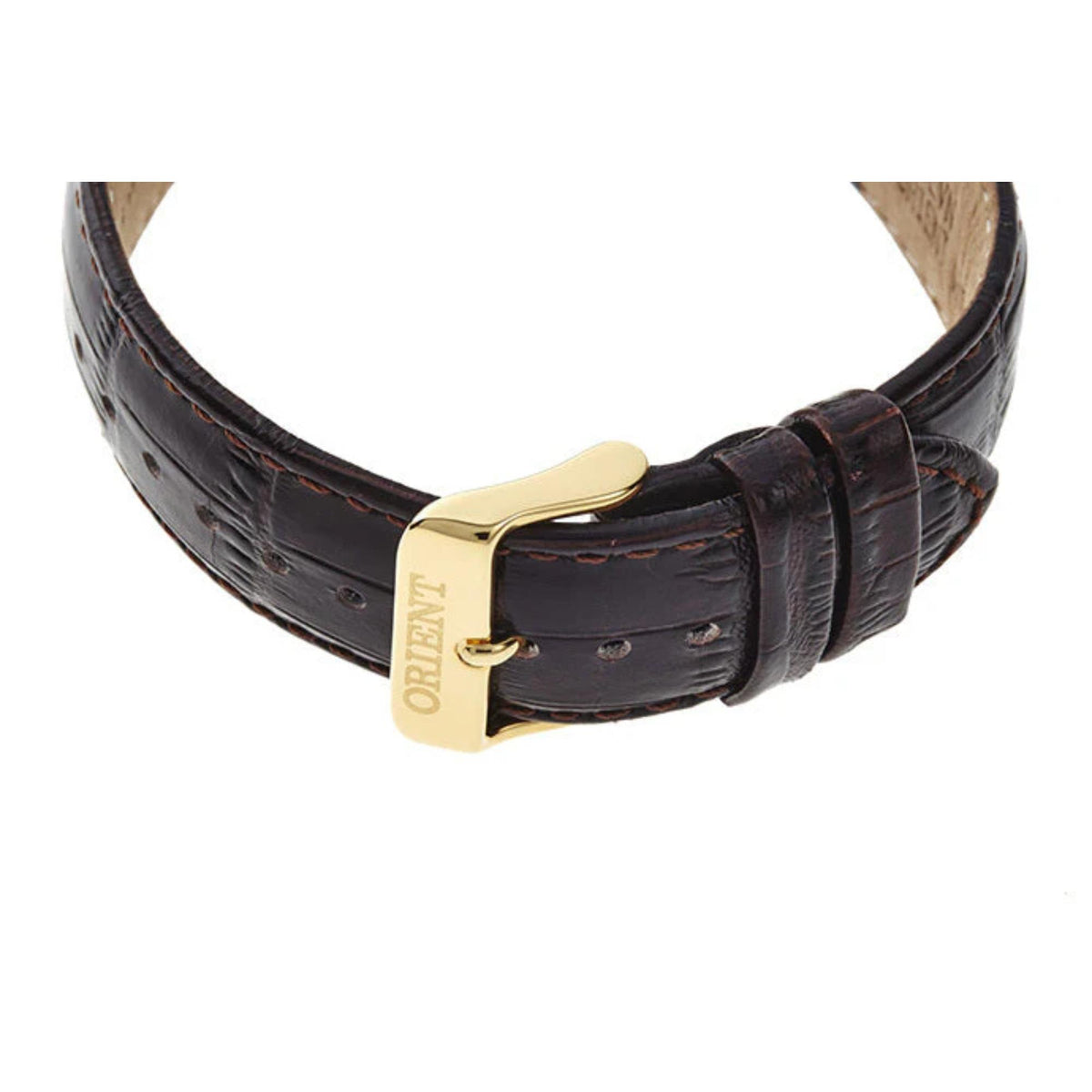 Brown leather watch strap with gold buckle and Orient logo, on a gold-tone case