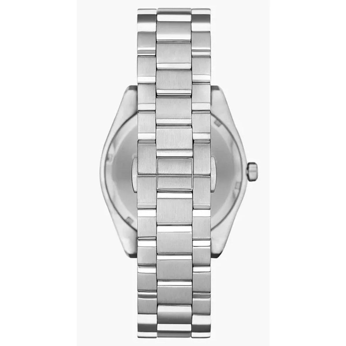 Men's steel quartz wristwatch with black dial and metal bracelet, rear view