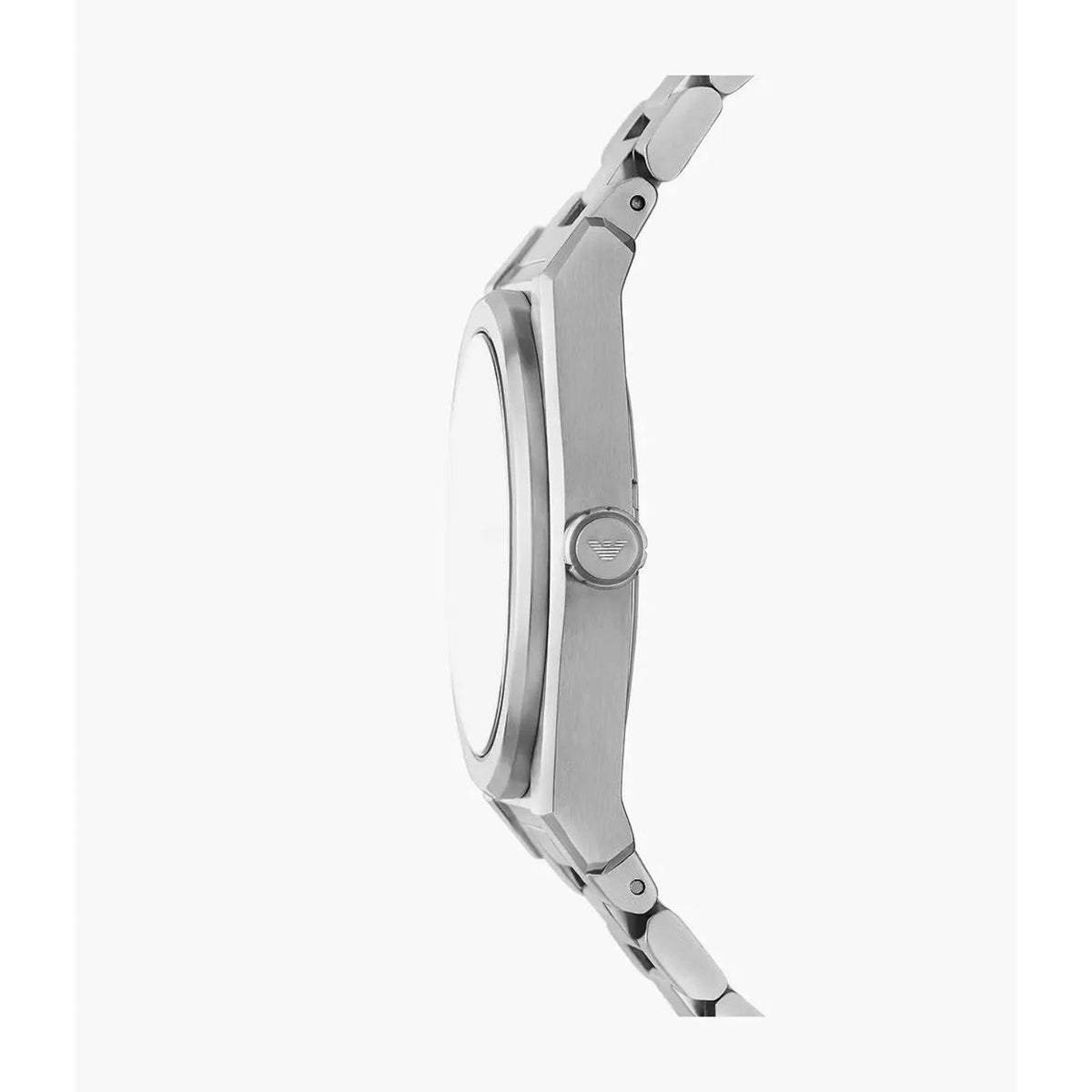 Men's steel quartz wristwatch case with crown and metal bracelet, side profile