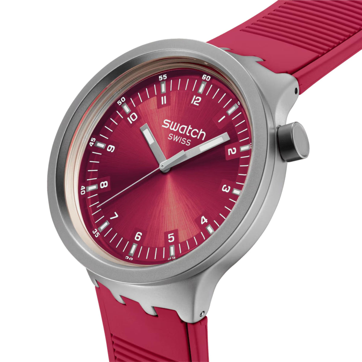 Red sunray dial wristwatch with steel case, red silicone strap, baton hour markers