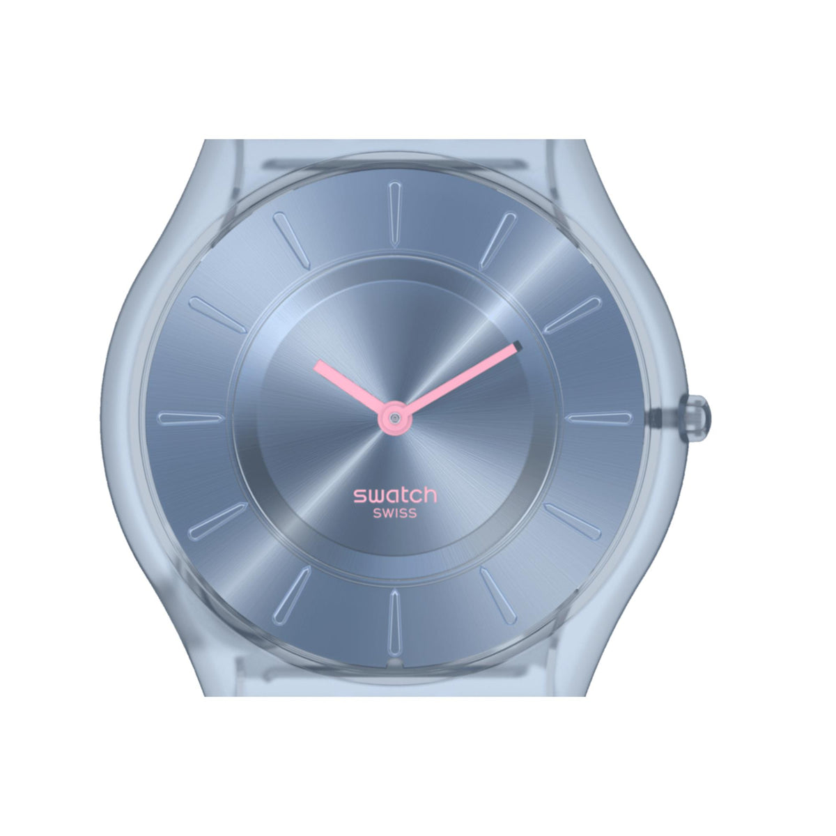 Denim blue Swatch women's watch dial close-up with pink hour and minute hands