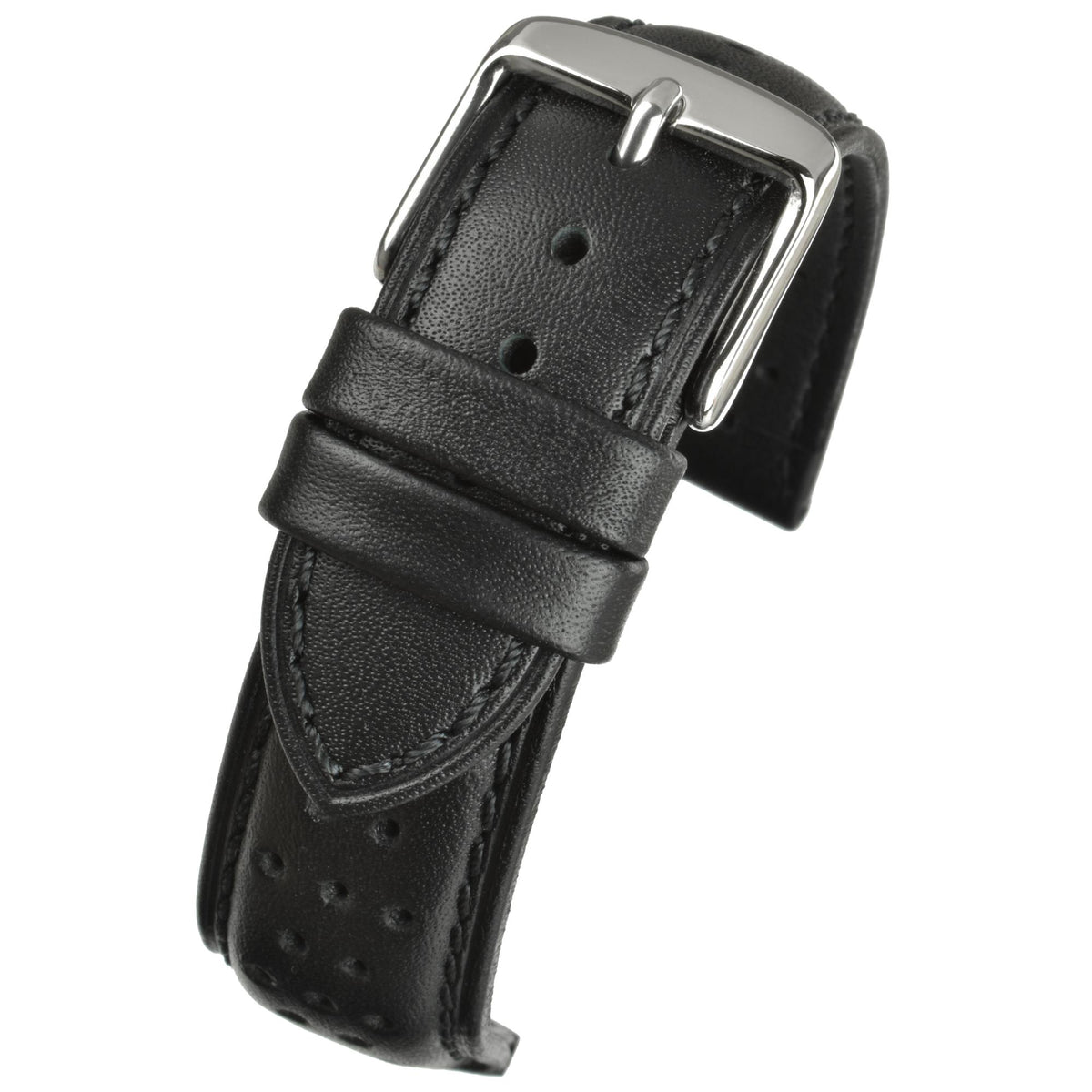 Black perforated leather men's watch strap with silver buckle and keeper